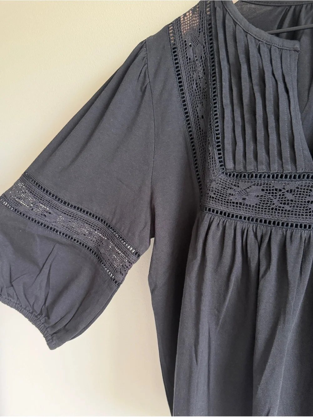 J.Crew Lace Trim Puff Sleeve Shirt Black Cotton Jersey Top Medium NWT